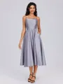 A-line Spaghetti Straps Pleated Tea-Length Satin Bridesmaid Dress