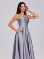 A-line Spaghetti Straps Pleated Tea-Length Satin Bridesmaid Dress