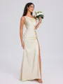 Sheath One-Shoulder Pleated Floor-Length Silk Like Satin Bridesmaid Dress