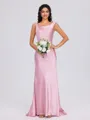Sheath Cowl Bow Sweep Train Silk Like Satin Bridesmaid Dress