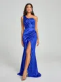 Sheath/Column One-Shoulder Sweep/Brush Train Sleeveless Silk Like Satin Bridesmaid Dress