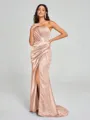 Sheath/Column One-Shoulder Sweep/Brush Train Sleeveless Silk Like Satin Bridesmaid Dress