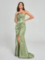 Sheath/Column One-Shoulder Sweep/Brush Train Sleeveless Silk Like Satin Bridesmaid Dress