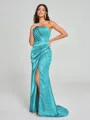 Sheath/Column One-Shoulder Sweep/Brush Train Sleeveless Silk Like Satin Bridesmaid Dress