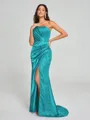Sheath/Column One-Shoulder Sweep/Brush Train Sleeveless Silk Like Satin Bridesmaid Dress