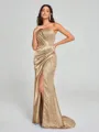 Sheath/Column One-Shoulder Sweep/Brush Train Sleeveless Silk Like Satin Bridesmaid Dress