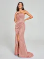 Sheath/Column One-Shoulder Sweep/Brush Train Sleeveless Silk Like Satin Bridesmaid Dress