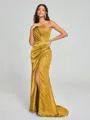 Sheath/Column One-Shoulder Sweep/Brush Train Sleeveless Silk Like Satin Bridesmaid Dress