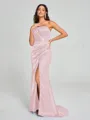 Sheath/Column One-Shoulder Sweep/Brush Train Sleeveless Silk Like Satin Bridesmaid Dress