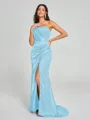 Sheath/Column One-Shoulder Sweep/Brush Train Sleeveless Silk Like Satin Bridesmaid Dress