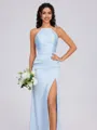 Sheath Halter Pleated Floor-Length Silk Like Satin Bridesmaid Dress