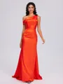 Sheath One-Shoulder Pleated Sweep Train Silk Like Satin Corset Bridesmaid Dress