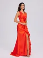 Sheath V-neck Pleated Sweep Train Silk Like Satin Bridesmaid Dress