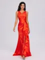 Sheath V-neck Pleated Sweep Train Silk Like Satin Bridesmaid Dress