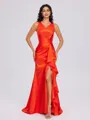 Sheath V-neck Pleated Sweep Train Silk Like Satin Bridesmaid Dress
