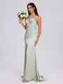 Sheath V-neck Pleated Sweep Train Silk Like Satin Bridesmaid Dress