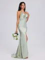 Sheath V-neck Pleated Sweep Train Silk Like Satin Bridesmaid Dress
