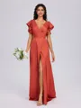 A-line V-neck Short Sleeves Pleated Floor-Length Silk Like Satin Bridesmaid Dress