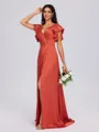 A-line V-neck Short Sleeves Pleated Floor-Length Silk Like Satin Bridesmaid Dress