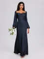 Sheath Cowl Long Sleeves Pleated Floor-Length Satin Chiffon Bridesmaid Dress