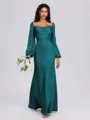 Sheath Cowl Long Sleeves Pleated Floor-Length Satin Chiffon Bridesmaid Dress