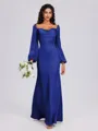 Sheath Cowl Long Sleeves Pleated Floor-Length Satin Chiffon Bridesmaid Dress