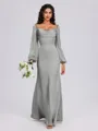 Sheath Cowl Long Sleeves Pleated Floor-Length Satin Chiffon Bridesmaid Dress