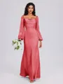 Sheath Cowl Long Sleeves Pleated Floor-Length Satin Chiffon Bridesmaid Dress