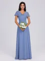 A-line V-neck Short Sleeves Pleated Floor-Length Chiffon Bridesmaid Dress