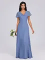 A-line V-neck Short Sleeves Pleated Floor-Length Chiffon Bridesmaid Dress