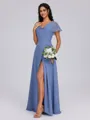 A-line V-neck Short Sleeves Pleated Floor-Length Chiffon Bridesmaid Dress