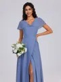 A-line V-neck Short Sleeves Pleated Floor-Length Chiffon Bridesmaid Dress