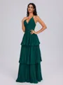 A-line V-neck Cascading Ruffles Floor-Length Chiffon Bridesmaid Dress
