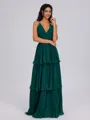 A-line V-neck Cascading Ruffles Floor-Length Chiffon Bridesmaid Dress