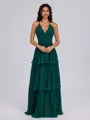 A-line V-neck Cascading Ruffles Floor-Length Chiffon Bridesmaid Dress