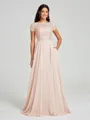 A-Line/Princess Scoop Floor-Length Short Sleeves Chiffon Bridesmaid Dress