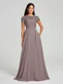 A-Line/Princess Scoop Floor-Length Short Sleeves Chiffon Bridesmaid Dress