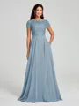 A-Line/Princess Scoop Floor-Length Short Sleeves Chiffon Bridesmaid Dress