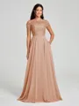 A-Line/Princess Scoop Floor-Length Short Sleeves Chiffon Bridesmaid Dress