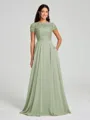 A-Line/Princess Scoop Floor-Length Short Sleeves Chiffon Bridesmaid Dress
