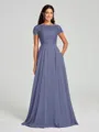 A-Line/Princess Scoop Floor-Length Short Sleeves Chiffon Bridesmaid Dress