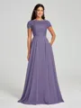 A-Line/Princess Scoop Floor-Length Short Sleeves Chiffon Bridesmaid Dress