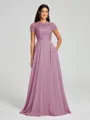 A-Line/Princess Scoop Floor-Length Short Sleeves Chiffon Bridesmaid Dress