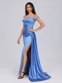 Sheath Off-the-Shoulder Pleated Sweep Train Silk Like Satin Bridesmaid Dress