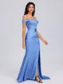 Sheath Off-the-Shoulder Pleated Sweep Train Silk Like Satin Bridesmaid Dress