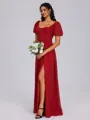 A-line Square Short Sleeves Bow Floor-Length Chiffon Bridesmaid Dress