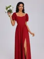 A-line Square Short Sleeves Bow Floor-Length Chiffon Bridesmaid Dress