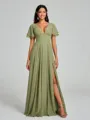 A-Line/Princess V-neck Floor-Length Short Sleeves Chiffon Bridesmaid Dress