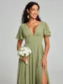 A-Line/Princess V-neck Floor-Length Short Sleeves Chiffon Bridesmaid Dress