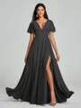 A-Line/Princess V-neck Floor-Length Short Sleeves Chiffon Bridesmaid Dress